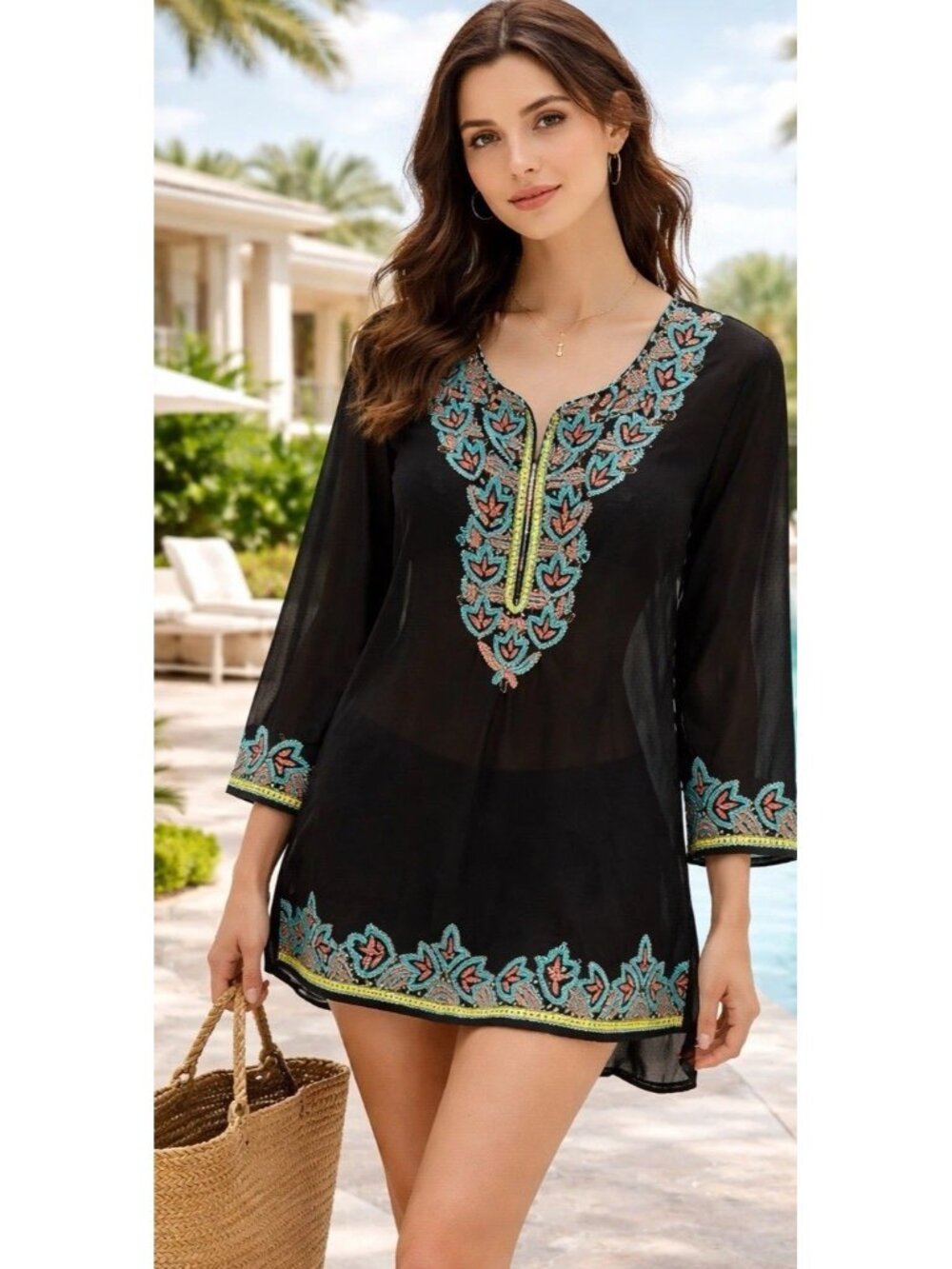 Lucky & Coco Tunic Top Womens Small Black Floral Beads Boho Sheer Beach Cover Up